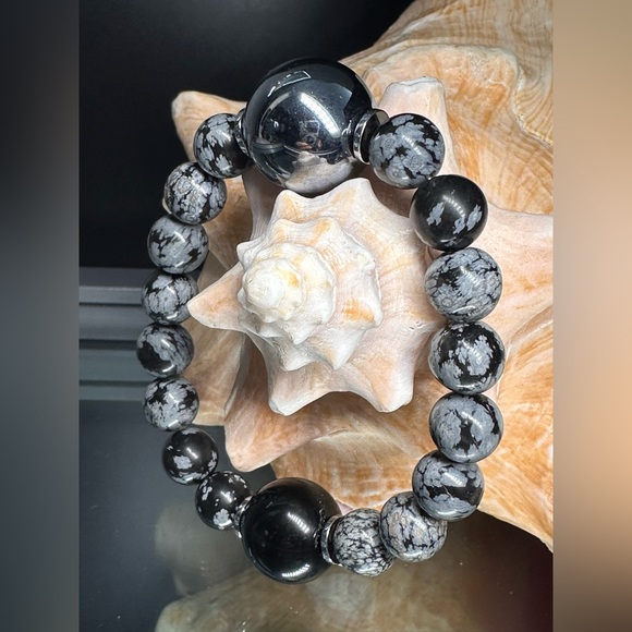 (JOEHANNA) TERAHERTZ + SNOW OBSIDIAN NATURAL STONES  BRACELET size 7” - Picture 3 of 10